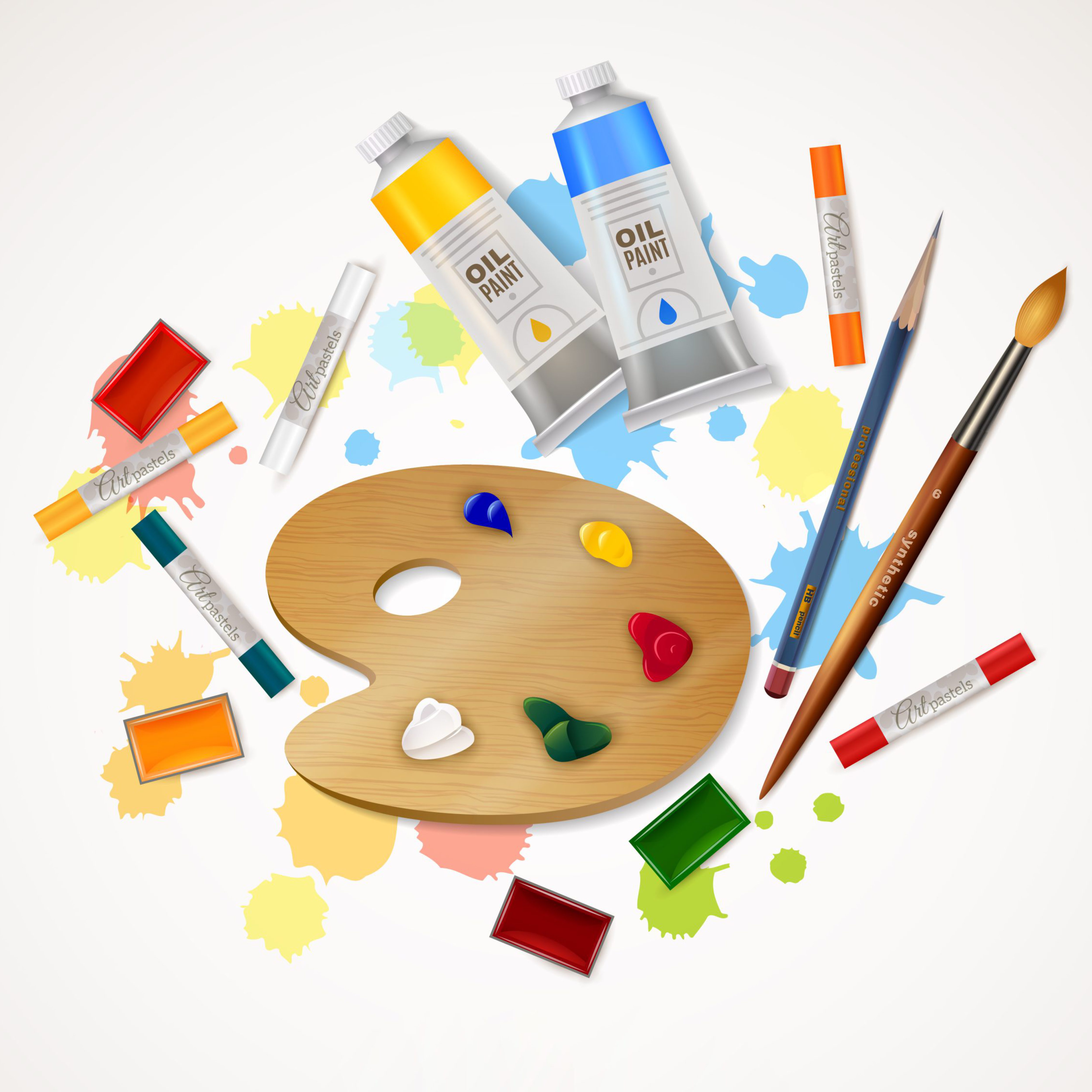 Artistic design concept with palette tubes of oil paints paintbrushes pencil highlighters at white background flat vector illustration